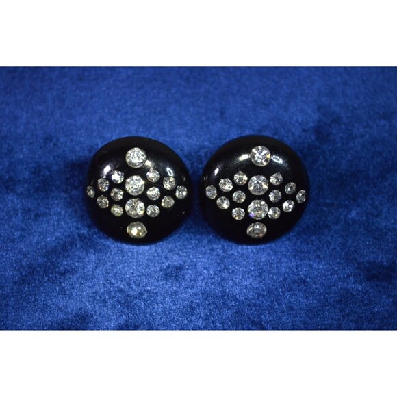 Vintage Black Circle Celluloid Plastic Gemstone Clip On Earrings Rhinestone - Picture 6 of 8